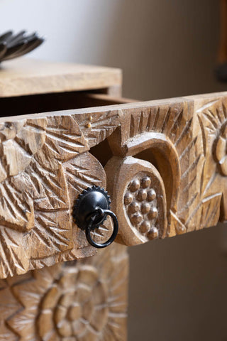 Detail images of the Carved Floral Design Wood Bedside Table with the drawer open.