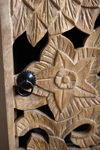 Detail image of the Carved Floral Design Wood Bedside Table.