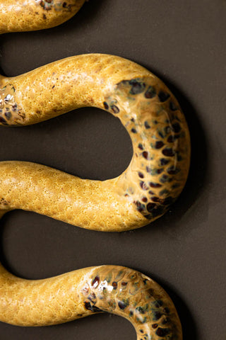 Detail shot of the design of the Ceramic Snake Wall Art, displayed on a black wall.