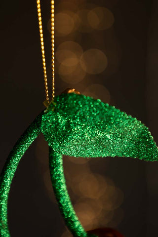 Detail shot of the leaf on the Cherries Christmas Tree Decoration.