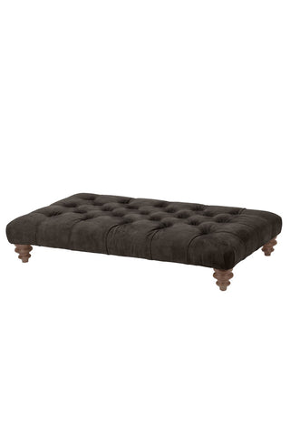 Cutout of the Chesterfield Charcoal Buttoned Footstool on a white background.