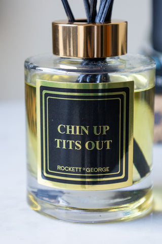 Detail shot of the label on the Chin Up Tits Out Reed Diffuser - 150ml.