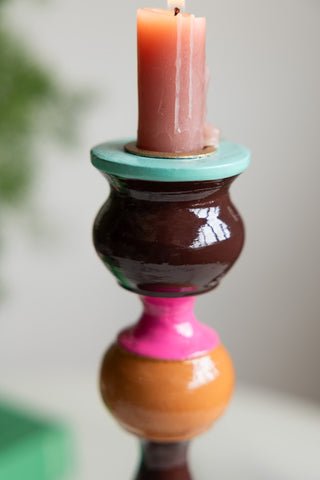 Close-up of the top of the Colourful Candlestick Holder in Chocolate & Orange.