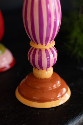 Close-up of the base of the Colourful Candlestick Holder in Pink Stripes.