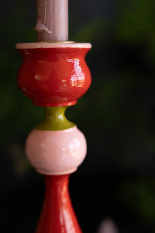 Close-up of the middle of the Colourful Candlestick Holder in Red & Pink.