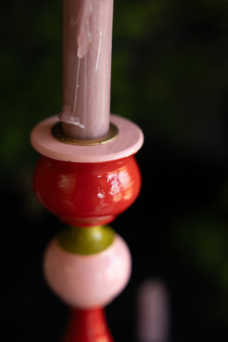 Close-up of the top of the Colourful Candlestick Holder in Red & Pink.