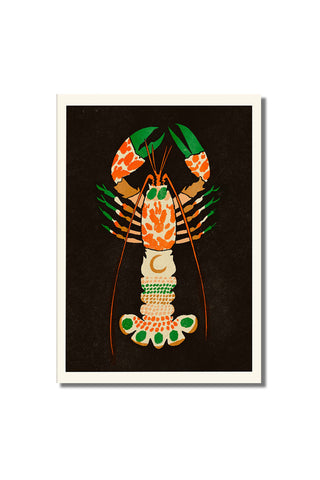 Magical lovbster print with green claws, orange and mustard and a moon on its back on a white background.