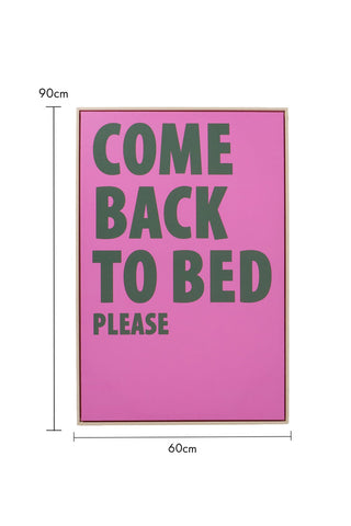 Cutout of the Come Back To Bed Canvas on a white background with dimension details.