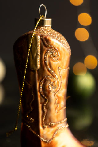 Close-up of the top of the Cowboy Boot Christmas Tree Decoration.