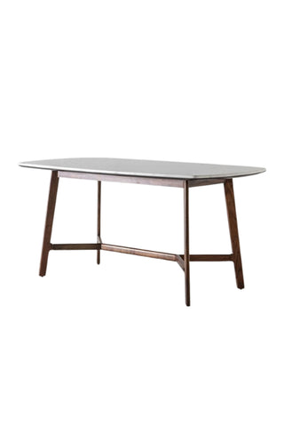 Cutout of the Curved Acacia & Marble Dining Table.