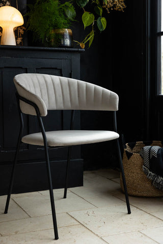 Lifestyle image of Curved Back Velvet Dining Chair In Mink Grey in a dark cosy room