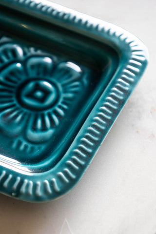 Detail shot of the Deep Blue Enamel Cast Style Trinket Tray,