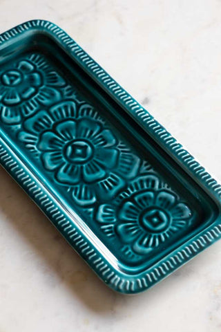 Close-up shot of the Deep Blue Enamel Cast Style Trinket Tray.