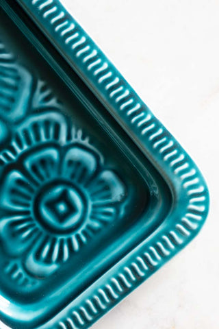 Detail shot of the corner of the Deep Blue Enamel Cast Style Trinket Tray.