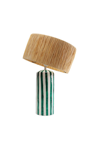 Cutout of the Deep Green & Off White Stripe Paper Mache Table Lamp on a white background.