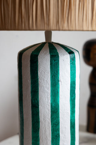 Detail shot of the base of the Deep Green & Off White Stripe Paper Mache Table Lamp.