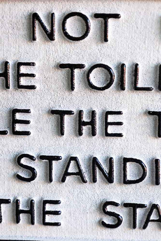 Detail shot of the text on the Do Not Use The Toilet When The Train... Hanging Sign.