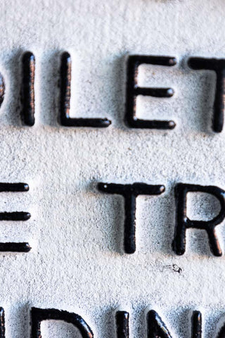 Close-up of the text on the Do Not Use The Toilet When The Train... Hanging Sign.