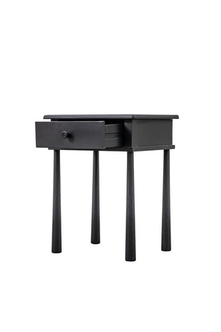 Cutout of the Elegant Black Bedside Table, seen from an angle with the drawer open.