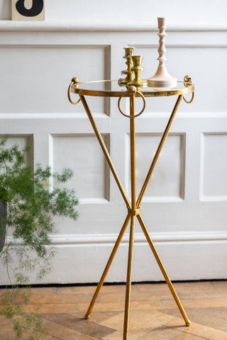 The Elegant Gold & Glass Side Table styled with candlesticks on the top, with a plant to the side of the shot.