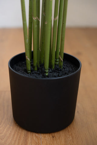 Close-up of the black pot of the Extra Large Faux Bamboo Tree.