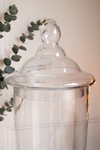 Detail of the lid of the stylish glass jar with a classic apothecary shape and lid, featured in a moody yet elegant interior scene with green eucalyptus leaves.