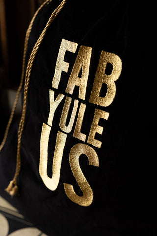 Close-up of the text on the Fab Yule Us Velvet Christmas Sack.