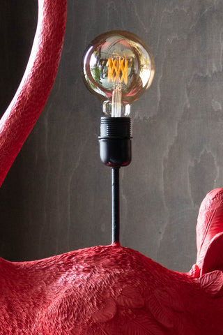 Close-up of the Fabulous Pink Ostrich Floor Lamp with a large bulb.