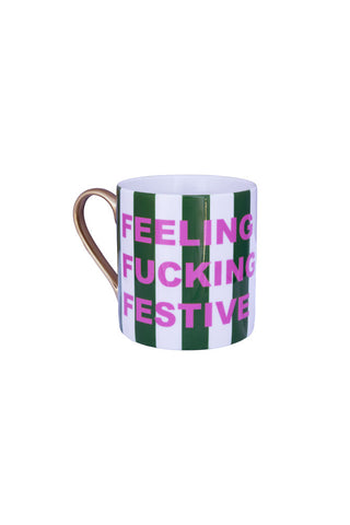 Cutout of the Feeling Fucking Festive Stripe Mug on a white background.