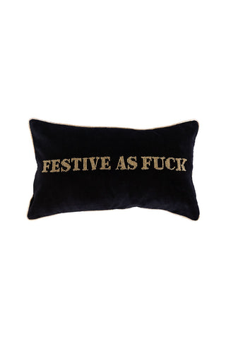 Cutout of the Festive As Fuck Christmas Cushion on a white background.