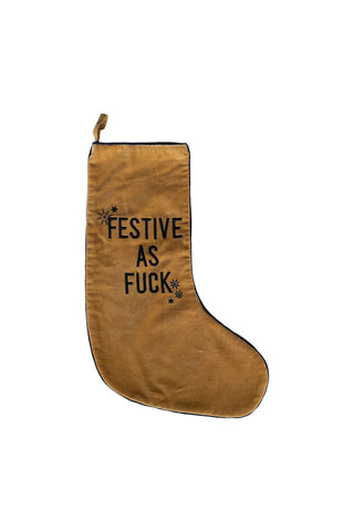 Cutout of the Festive As Fuck Gold Christmas Stocking on a white background.