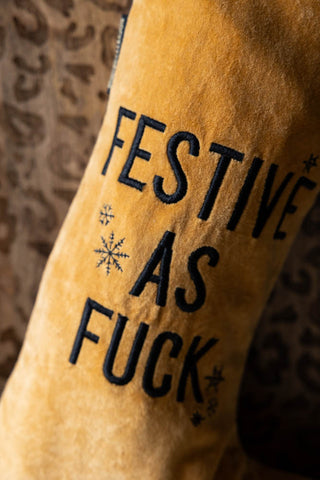 Close-up of the text on the Festive As Fuck Gold Christmas Stocking.