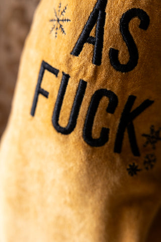 Detail shot of the text on the Festive As Fuck Gold Christmas Stocking.