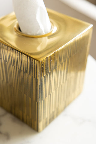 Close-up of one corner of the Fine Line Detail Gold Effect Tissue Box.