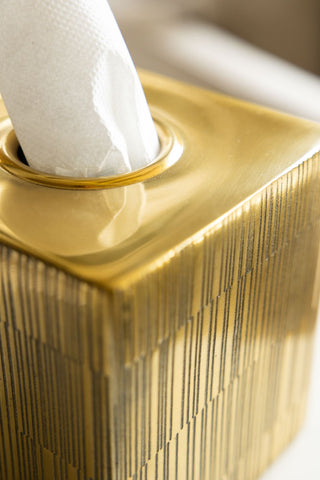 Detail shot of the top of the Fine Line Detail Gold Effect Tissue Box with tissues inside. 