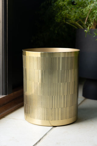 The Fine Line Detail Gold Effect Waste Bin displayed on the floor by a door frame, with a potted plant in the background.