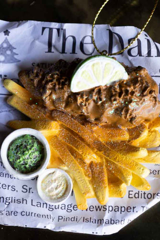 The Fish & Chips Christmas Tree Decoration seen from above.