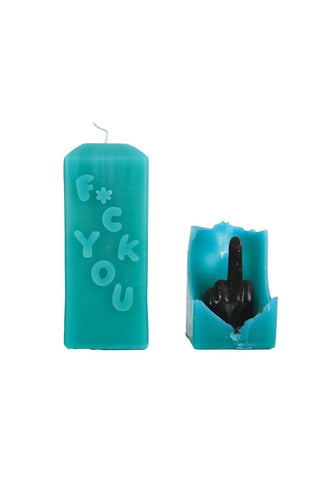 Two cutouts of the Fuck You Candle, with one intact and one that has been burnt to reveal the inside layer.