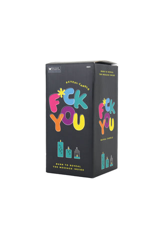 Cutout of the box of the Fuck You Candle on a white background.