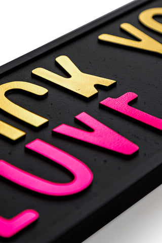 Detail shot of the Fuck vs Love You Wall Sign on a white background.