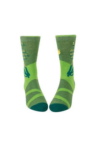 Cutout of the Fucking Beautiful Lawn Men's Socks seen from the front, on a white background.