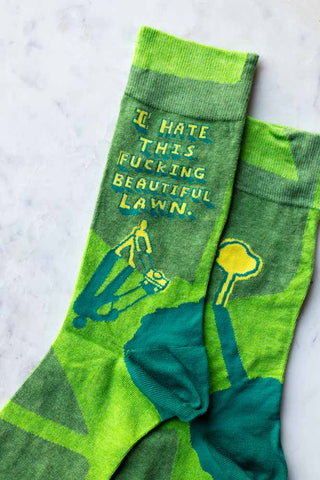 Close-up of the top of the Fucking Beautiful Lawn Men's Socks.