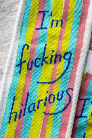 Detail shot of the text on the Fucking Hilarious Ankle Socks.