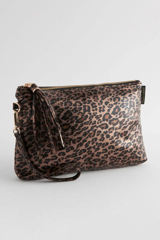 The Glam Leopard Print Clutch Bag displayed on a white background.