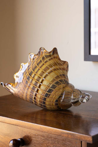 The Glass Conch Shell Paperweight Ornament displayed on a wooden chest of drawers with a black frame on the wall in the background.