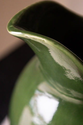 Detail shot of the spout of the Glazed Jug in Olive Green.