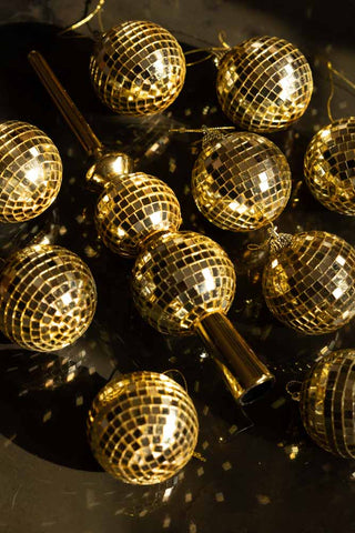 An angled image of the Gold Disco Ball Christmas Tree Decoration as a set