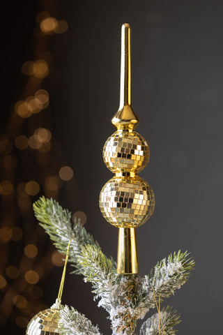 Image of the Gold Disco Ball & 10 Disco Ball Christmas Tree Decoration Set styled on top of a christmas tree.