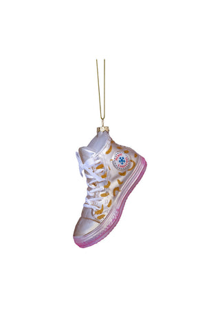 Cutout of the Gold Glass Sneaker Christmas Tree Decoration on a white background.