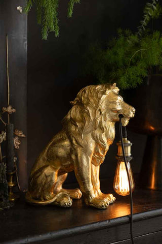 The Quirky Gold Lion Lamp switched on, styled on a sideboard with a potted plant and candles.